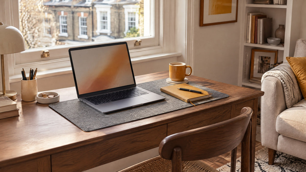 A small desk by a window in a London flat, with a laptop, a notebook and a mug