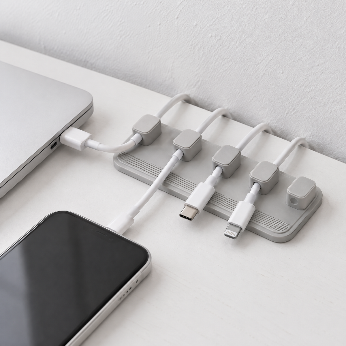 Grey magnetic cable holder at the back of a white desk, holding white charging cables