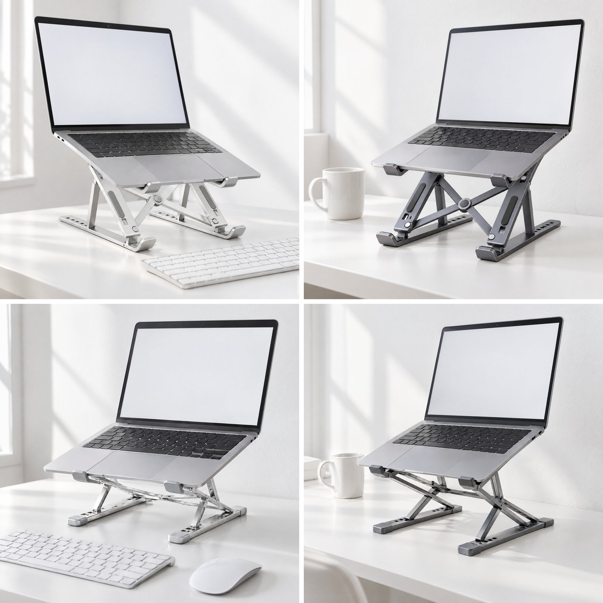 The four options: Standard and Tall laptop stands, each in silver and grey, holding a laptop on a white desk