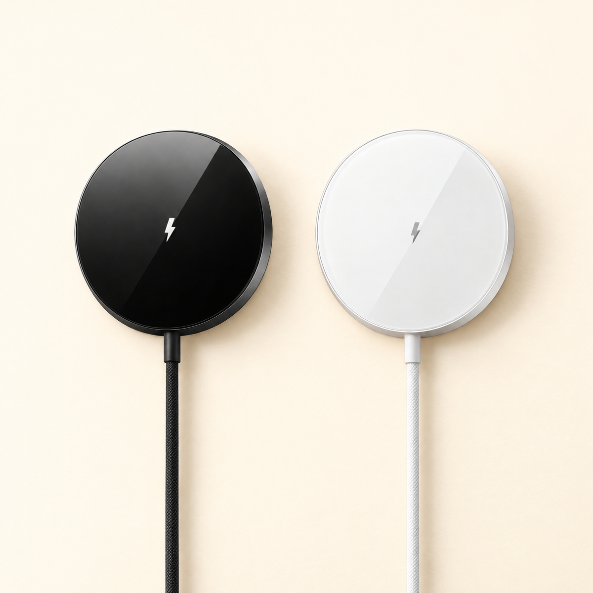 Magnetic wireless charging pad in black and in silver