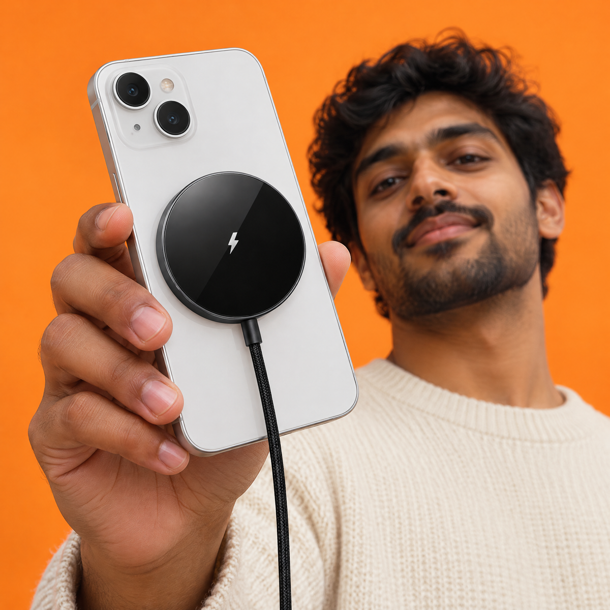 Man in a cream jumper holding up a white phone with the black Halo charger attached to its back, in front of an orange wall