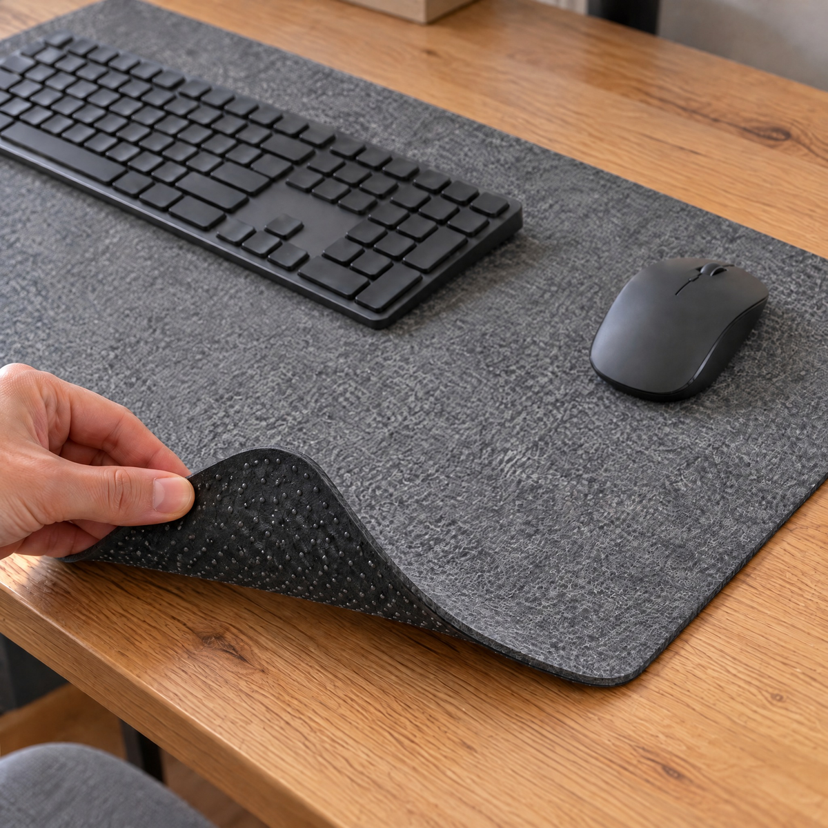 Hand lifting the corner of a grey felt desk mat to show the dotted non-slip back, with a black keyboard and mouse on top