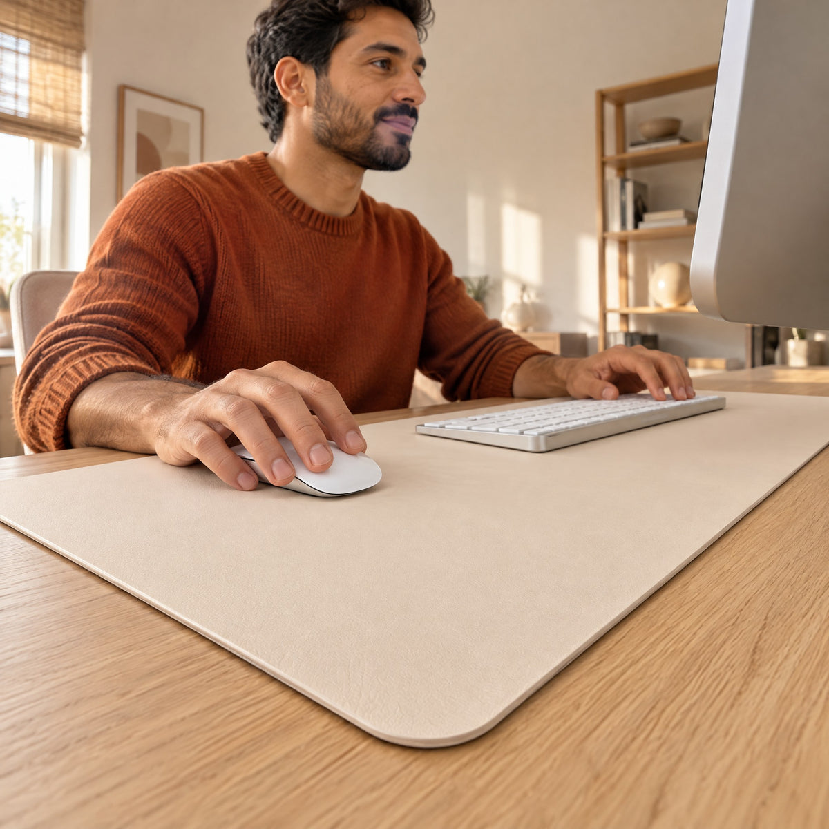 Man using a mouse and keyboard on the Flow desk mat in eggshell