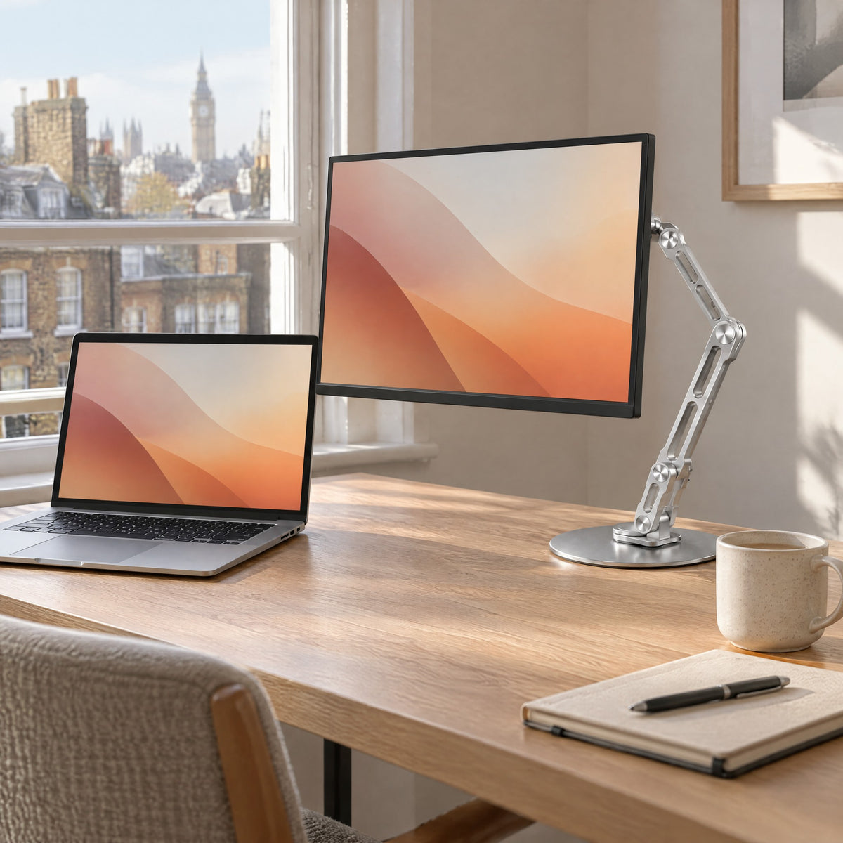 Reach stand holding a portable monitor beside a laptop on an oak desk