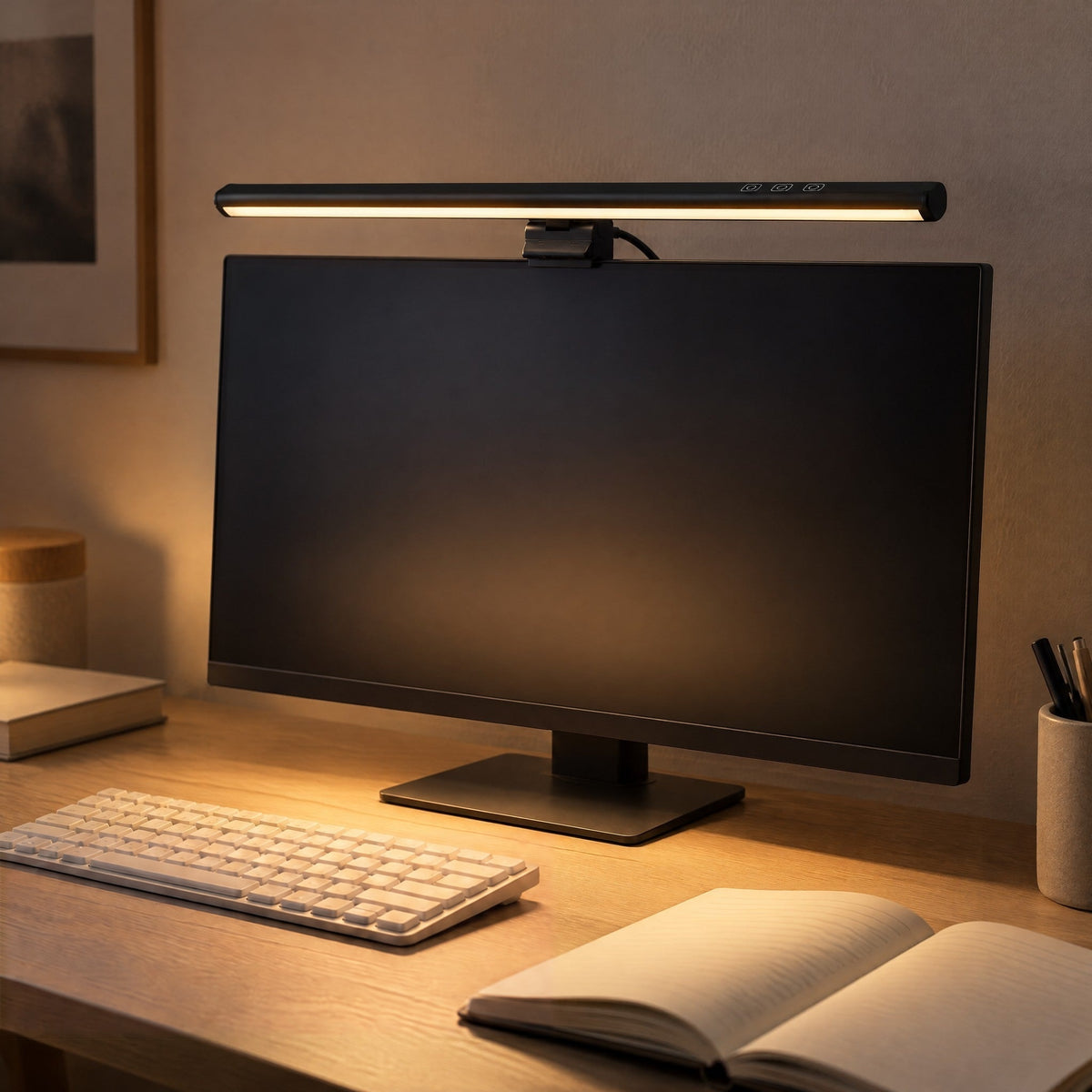Crest light bar lighting an open notebook on a desk in the evening