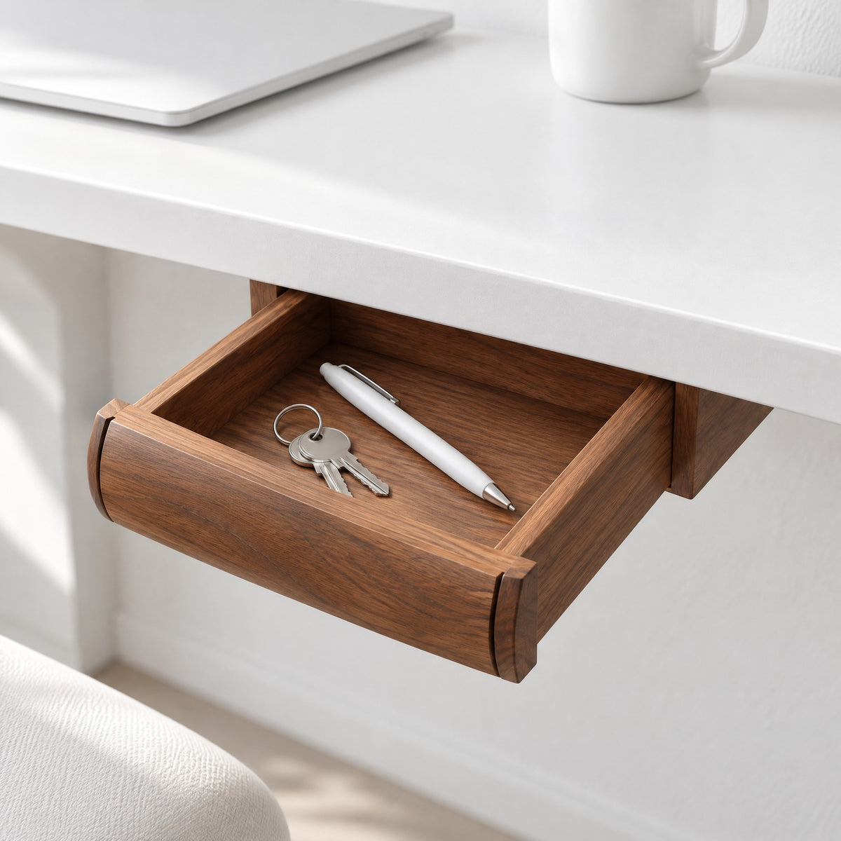 Walnut Glide drawer fixed under a white desk, pulled half open with a pen and keys inside
