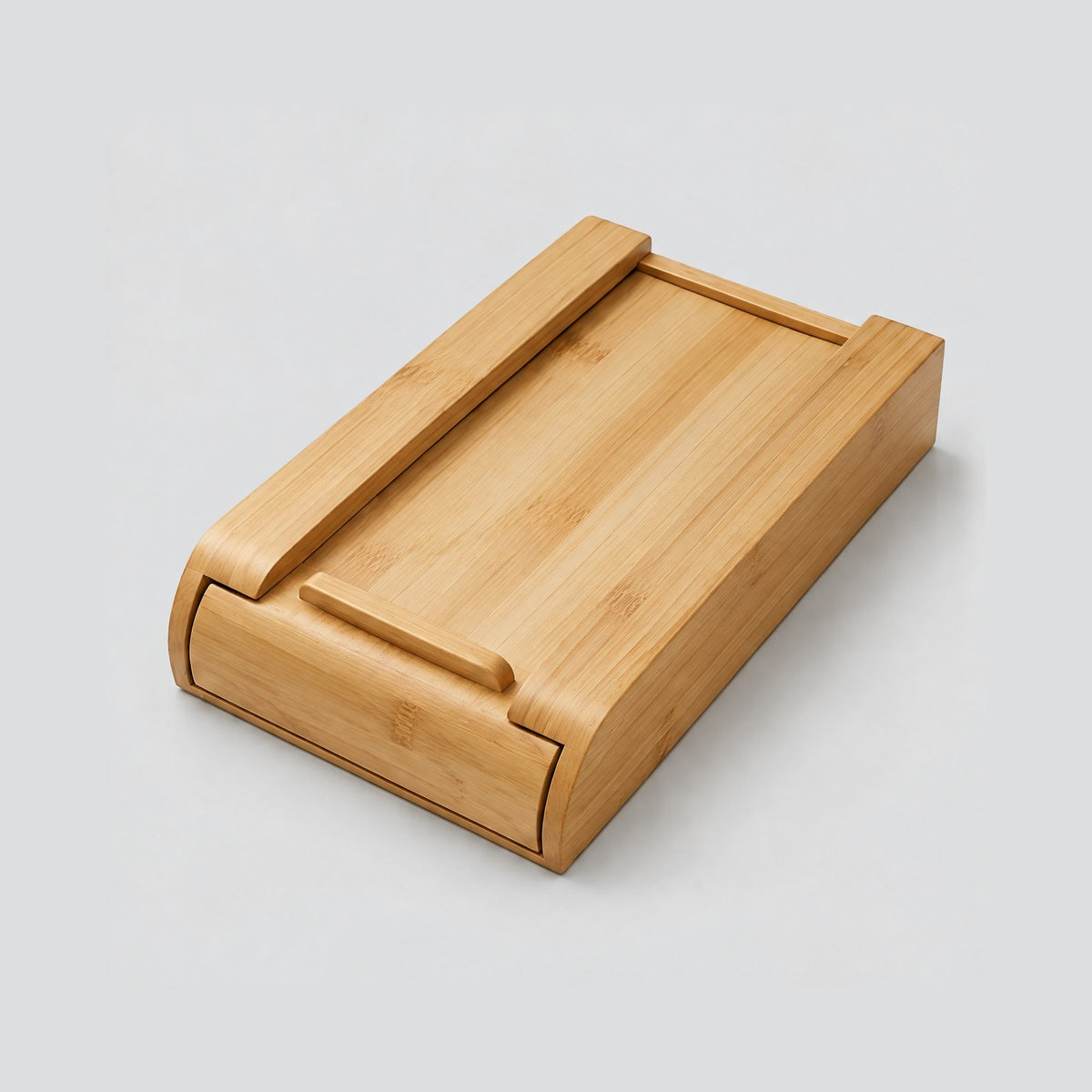 Large bamboo Glide drawer turned over to show its pull bar and curved front