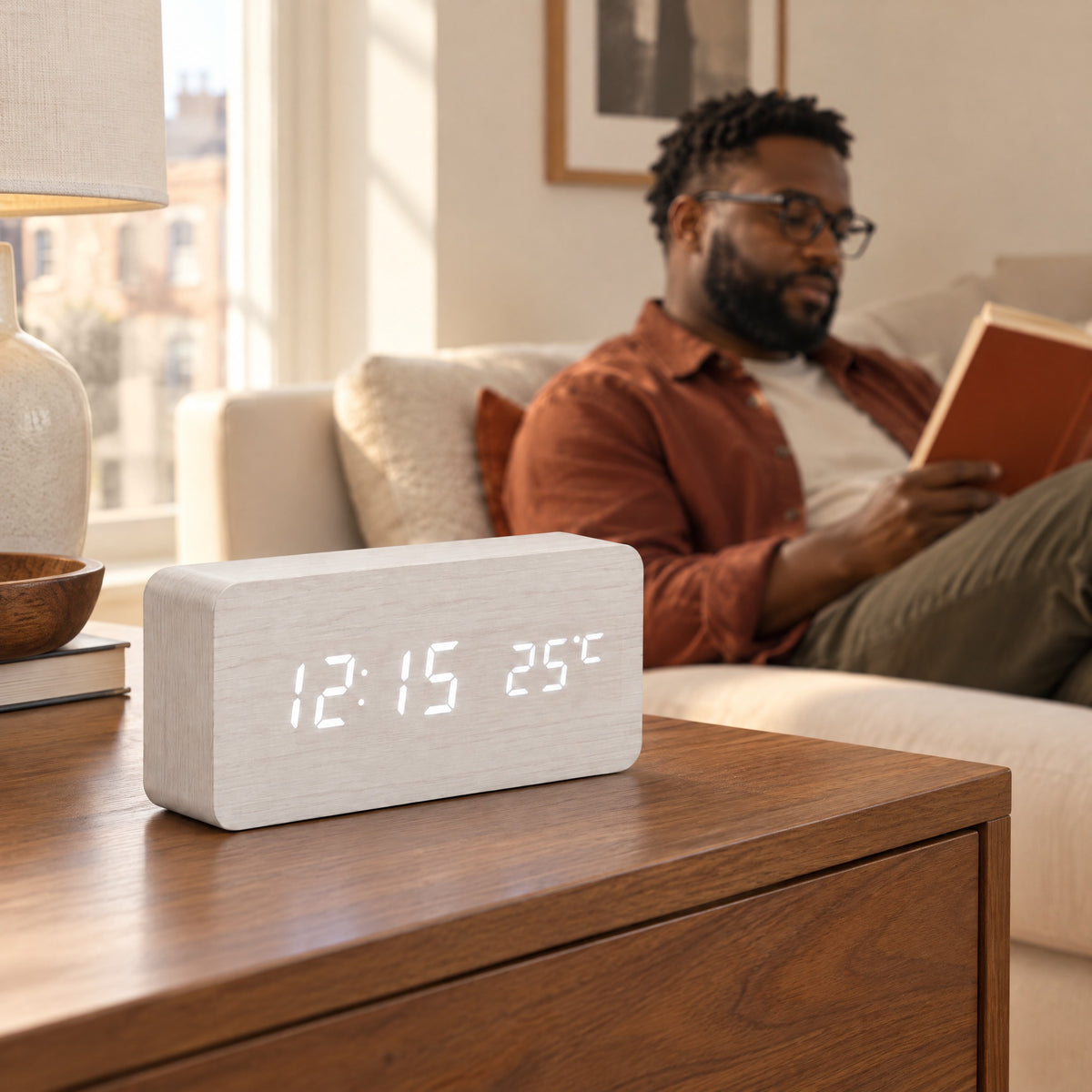 White Grain LED clock on a walnut sideboard while a man reads on the sofa behind