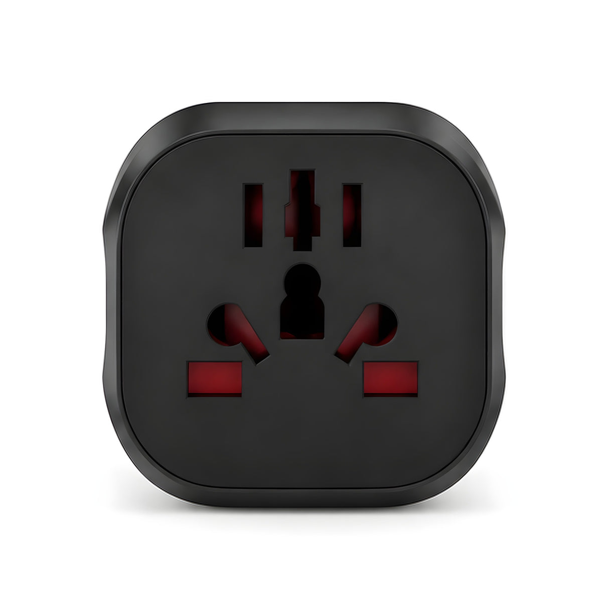 Front view of the Layover travel adapter's universal socket with red shutters inside