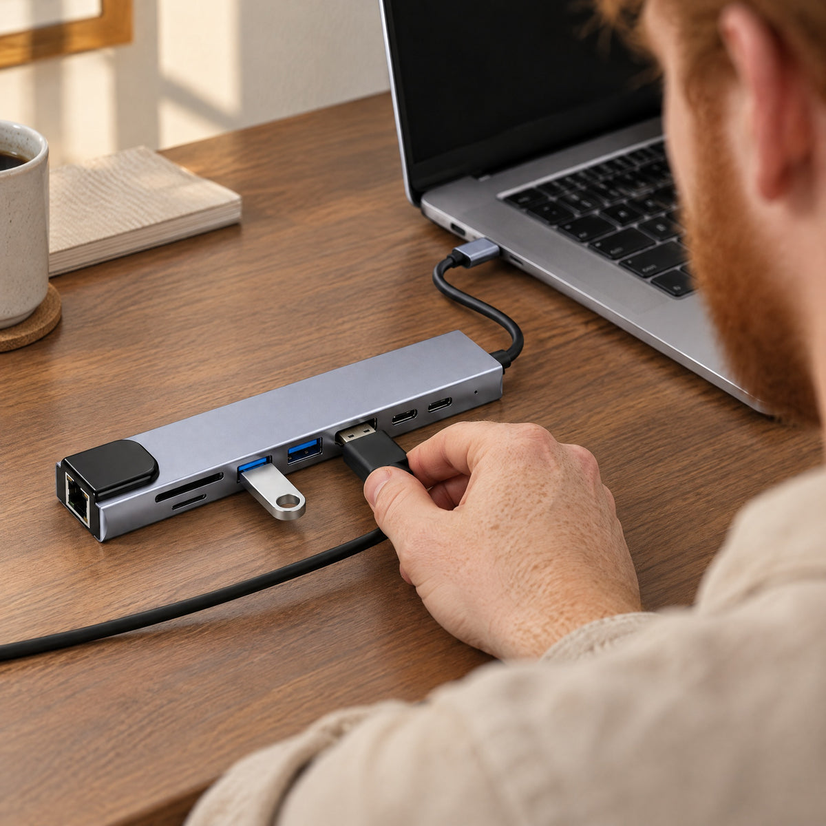 A man plugs an HDMI cable into the Junction 8-in-1 USB-C hub beside his laptop