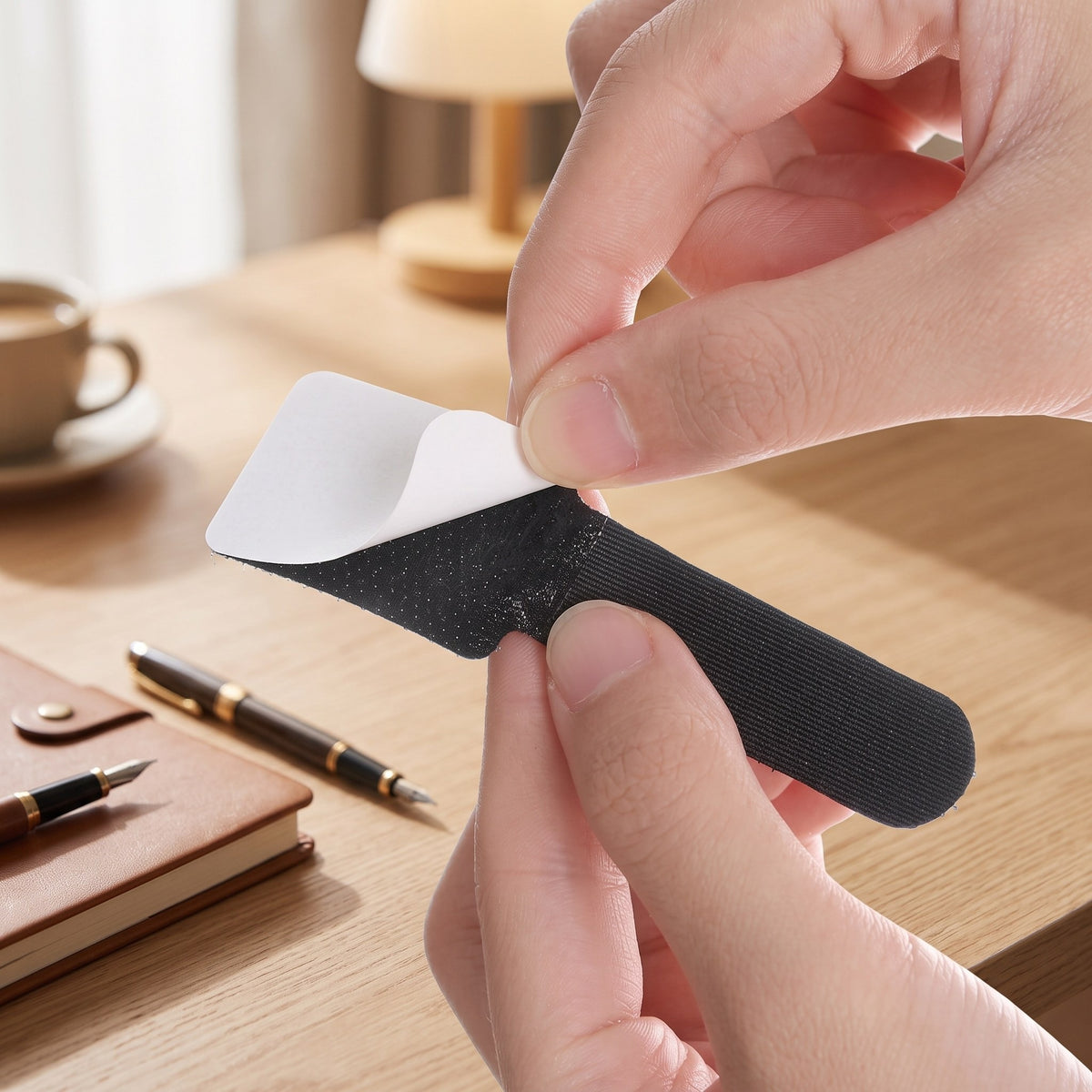 Peeling the white backing off the adhesive pad of a black Velor cable tie