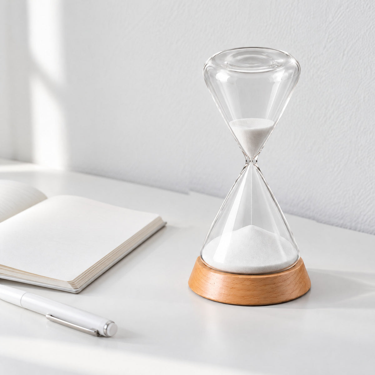 Ebb glass hourglass with white sand in a beech base on a white desk beside an open notebook