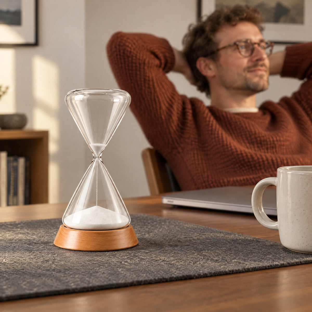 Ebb hourglass nearly run through on a felt desk mat while a man leans back for a short break