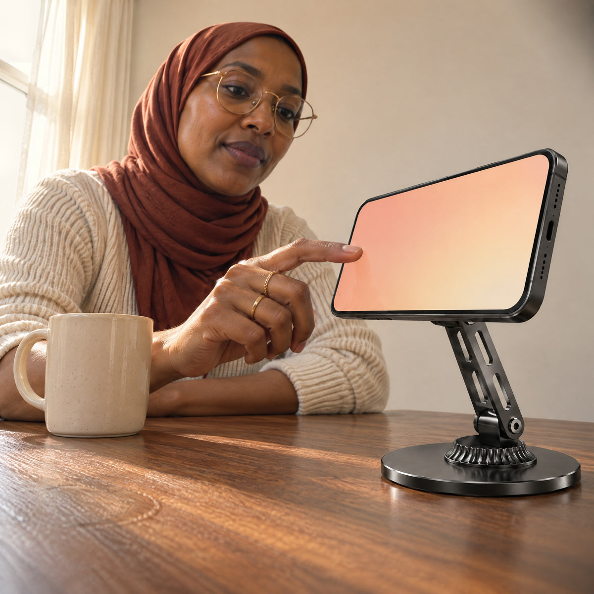 Woman tapping the screen of a phone held sideways on the black Crane stand