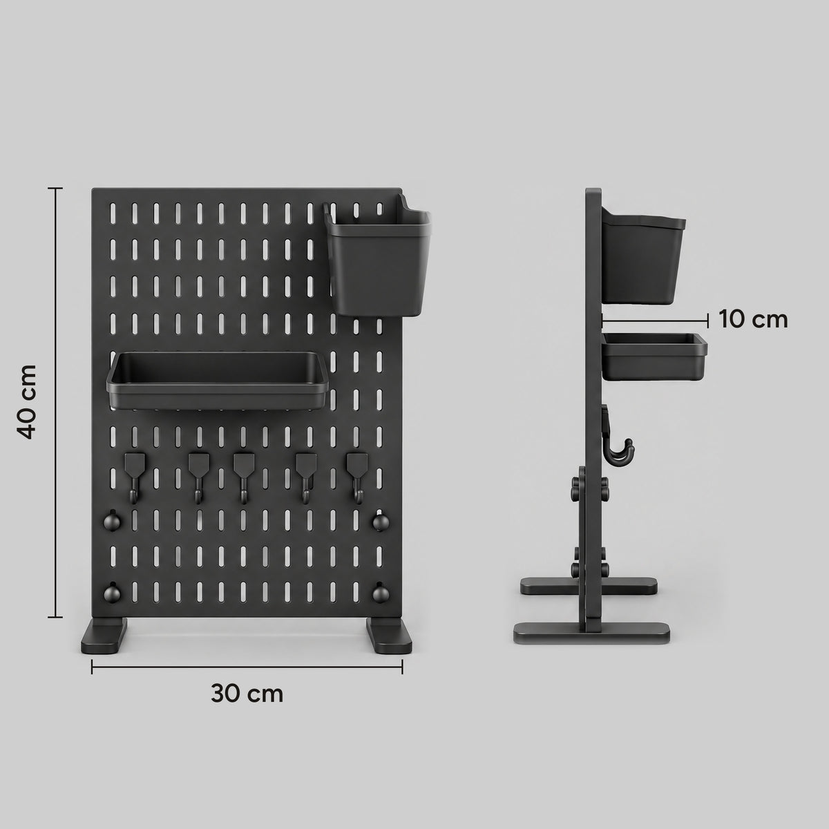 Trellis pegboard dimensions: 30 cm wide and 40 cm tall, with a tray 10 cm deep