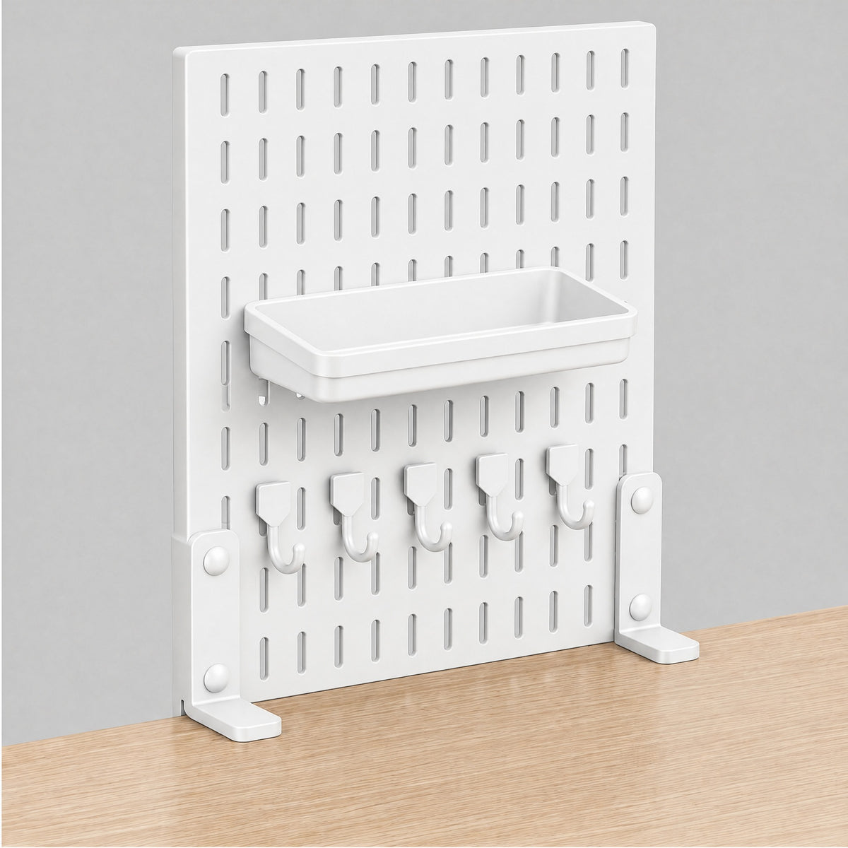 White Trellis desk pegboard, clamp-on version, fixed to the back edge of an oak desk