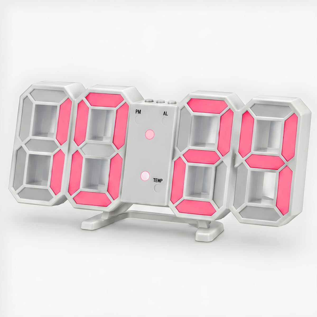 3D LED digital clock in white with pink light, on its fold-out stand