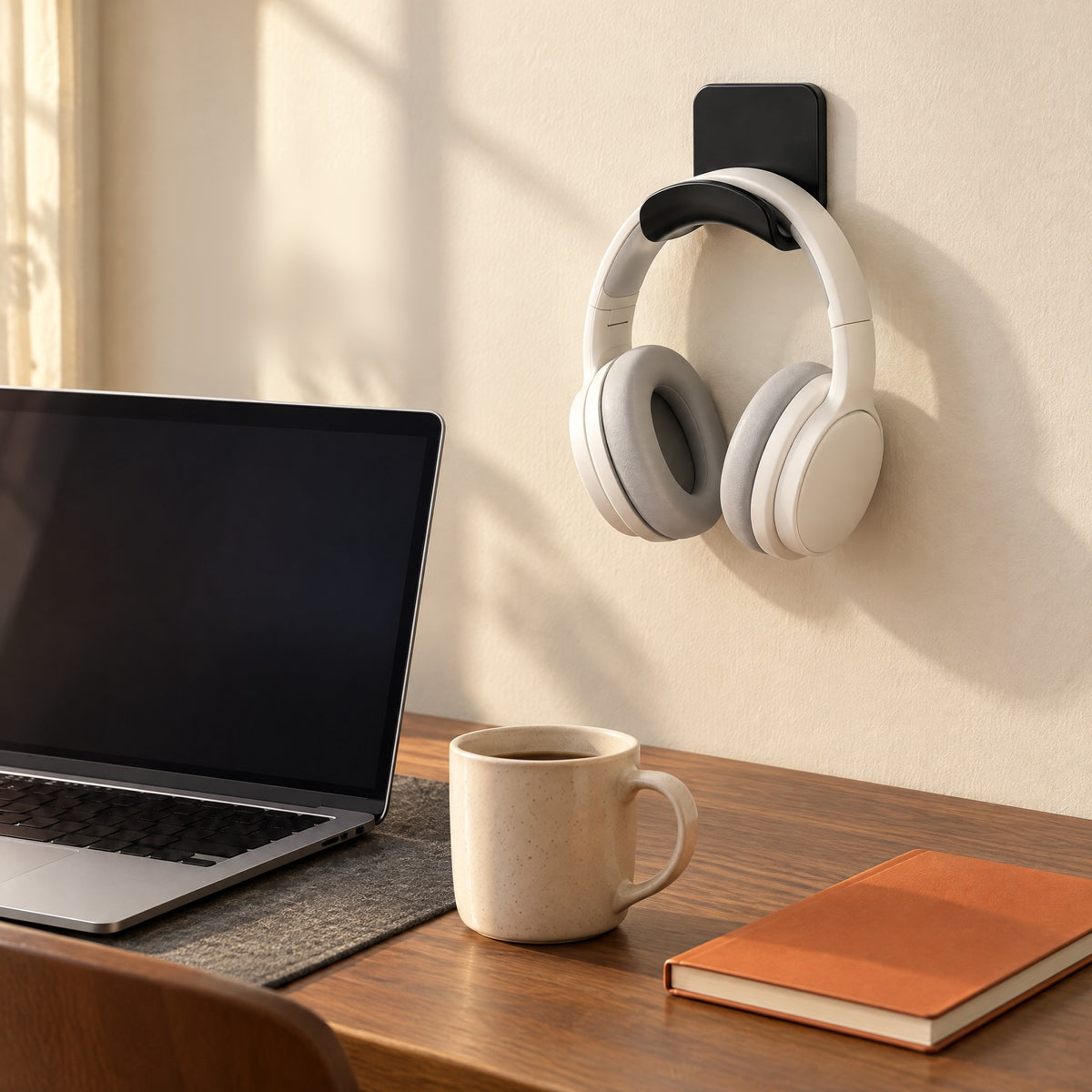 Black Eave wall headphone hook holding white headphones above a walnut desk
