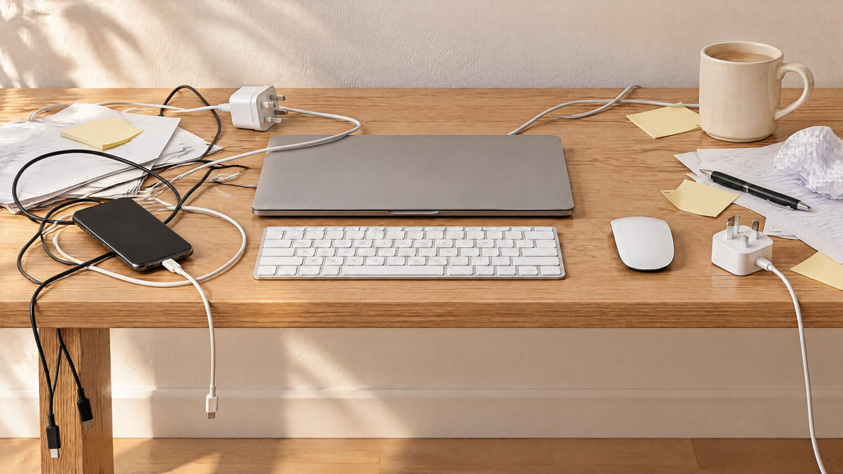 Messy desk with tangled cables, chargers and loose papers