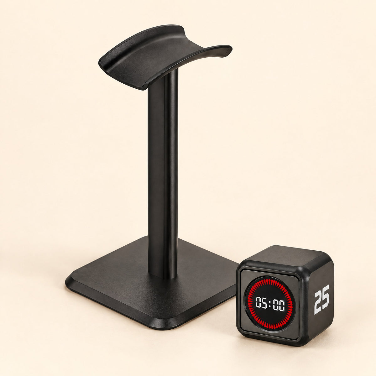 Black headphone stand and black cube timer