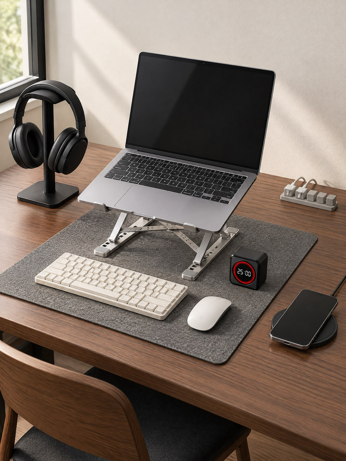 Desk setup with a laptop stand, felt mat, headphone stand, cube timer, wireless charger and cable holder