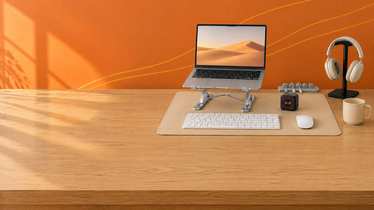 Tidy desk with a laptop on an aluminium stand, a latte desk mat, a headphone stand and a cube timer, against an orange wall