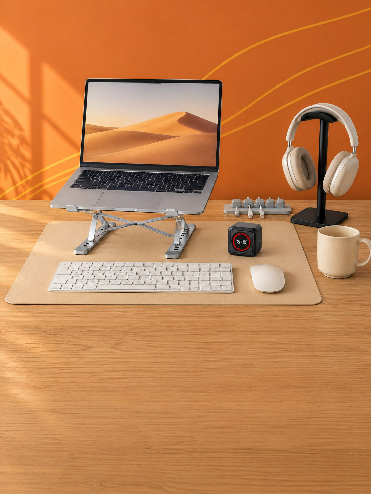 Tidy desk with a laptop on an aluminium stand and a headphone stand, against an orange wall