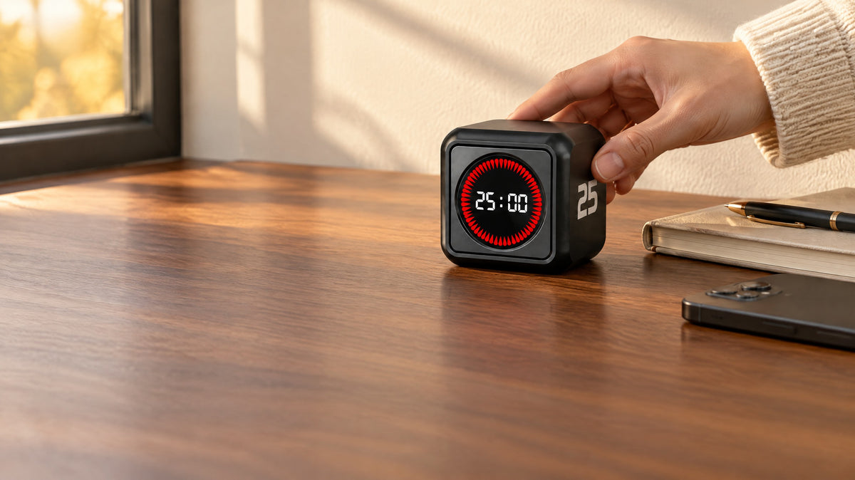 Hand turning a black cube flip timer showing 25 minutes on a walnut desk