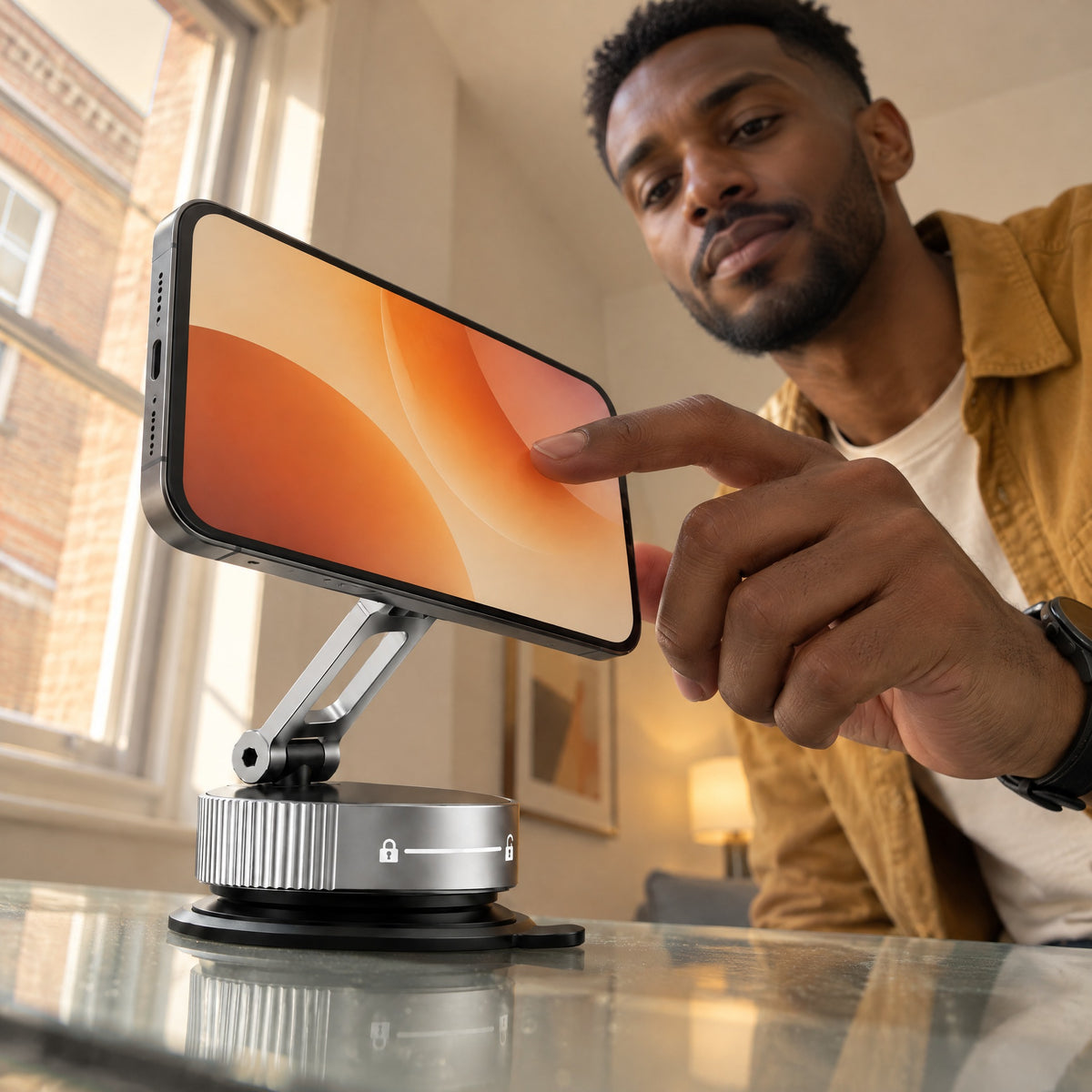 Man tapping a phone held sideways on the silver Limpet suction mount on a glass desk, seen from desk level