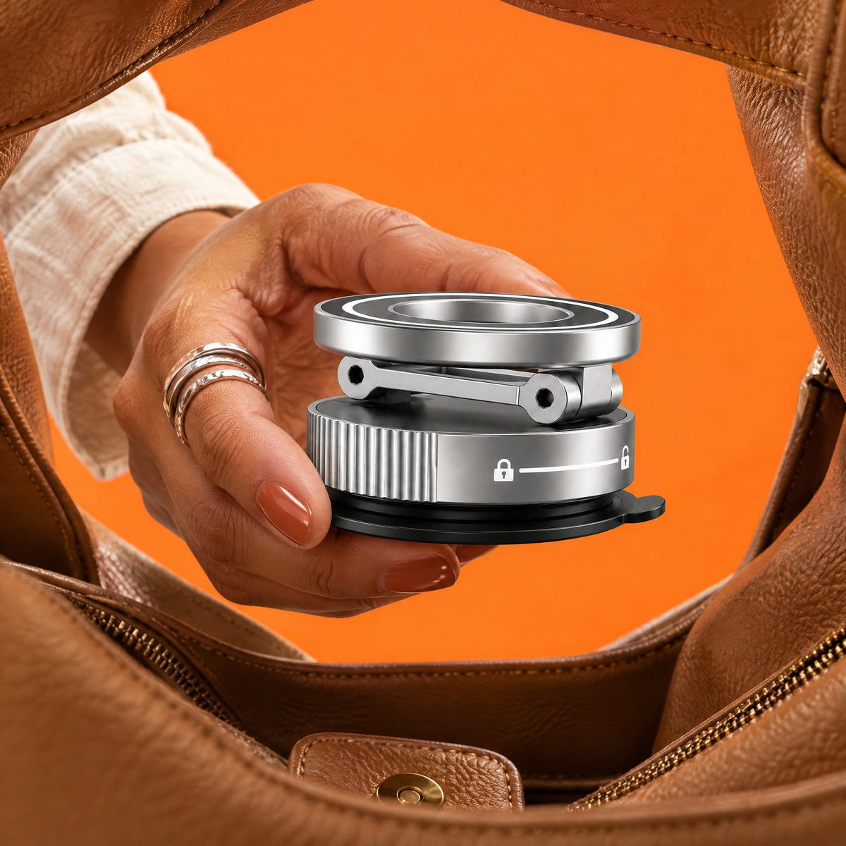 Hand lifting the folded silver Limpet phone mount out of a tan leather bag