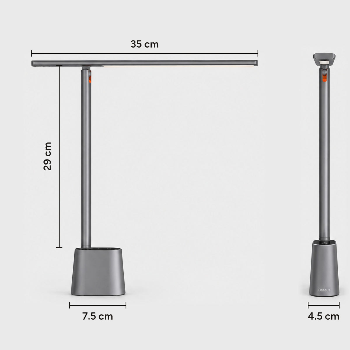 Lintel desk lamp dimensions: 35 cm light bar, 29 cm from base to bar, base 7.5 by 4.5 cm