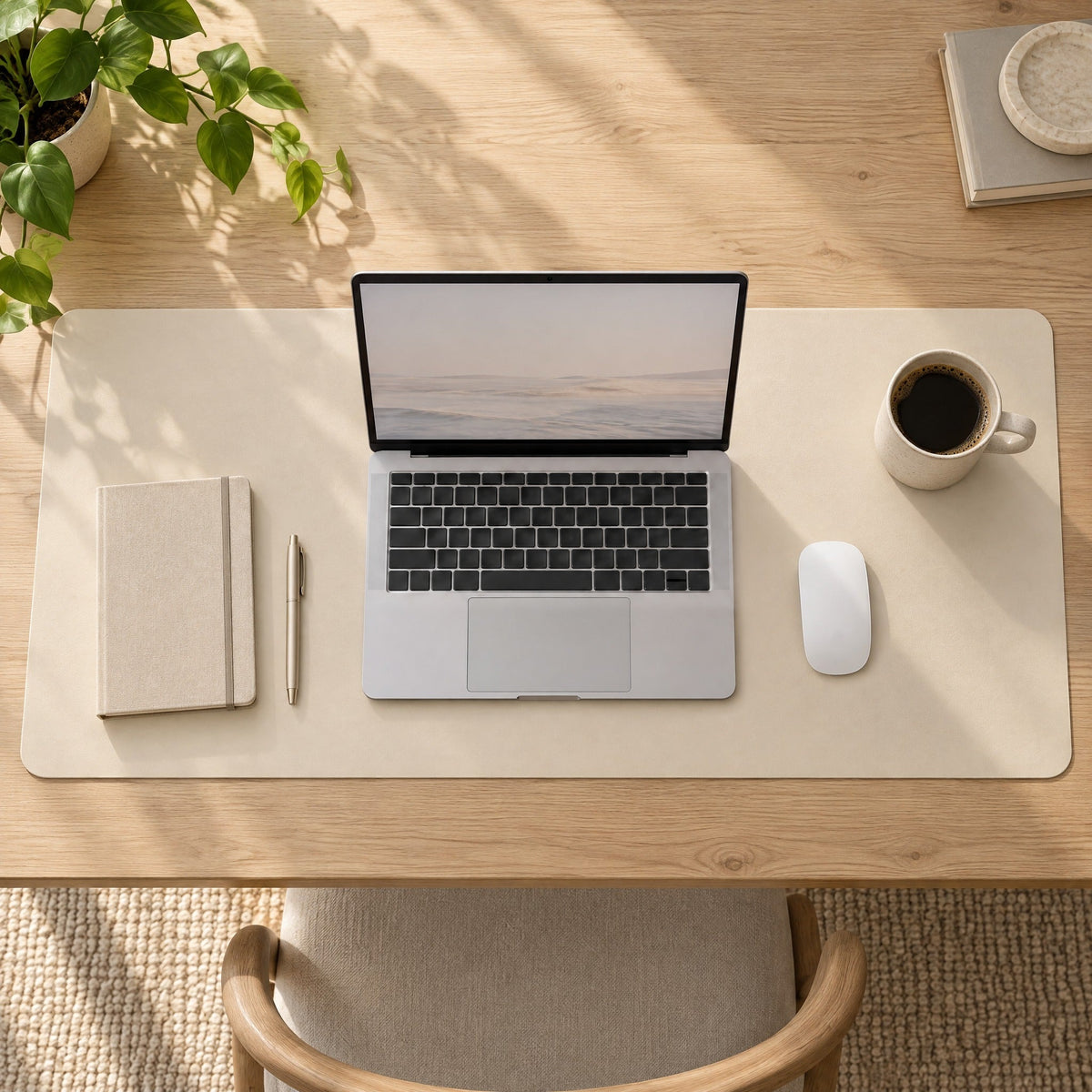 Flow desk mat in eggshell with a laptop, top view