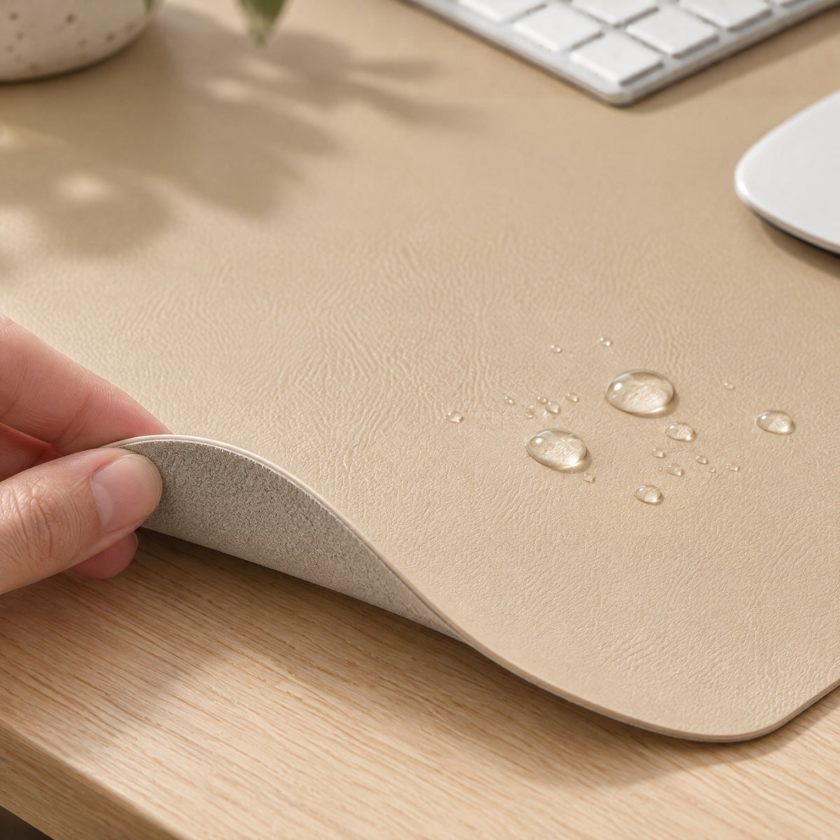 Corner of the Flow desk mat lifted to show the non-slip back