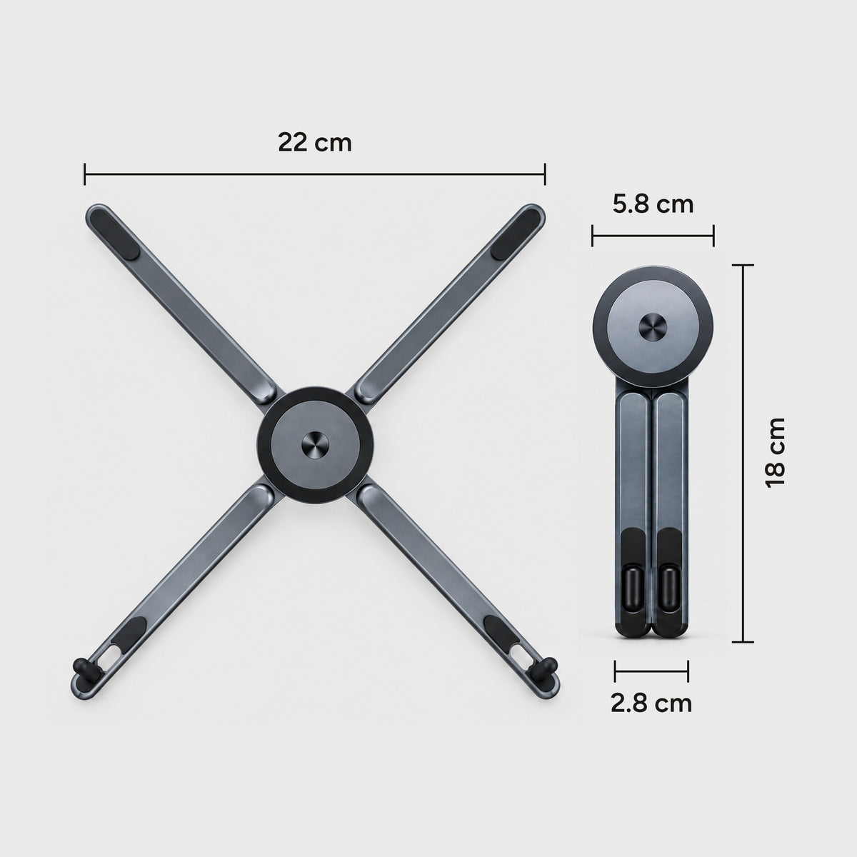 Span stand dimensions: 22 cm wide open, 18 x 2.8 cm folded, 5.8 cm magnetic disc