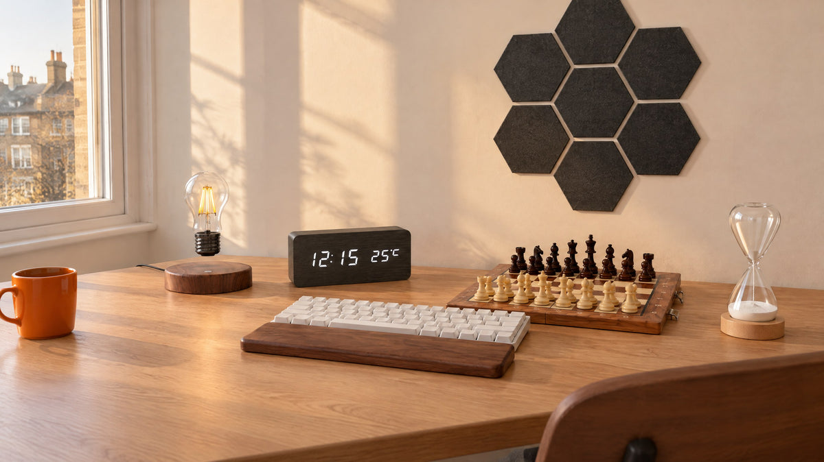 Levitating bulb lamp, wood-effect alarm clock, walnut wrist rest, folding chess set and glass hourglass on an oak desk, hexagon felt panels on the wall