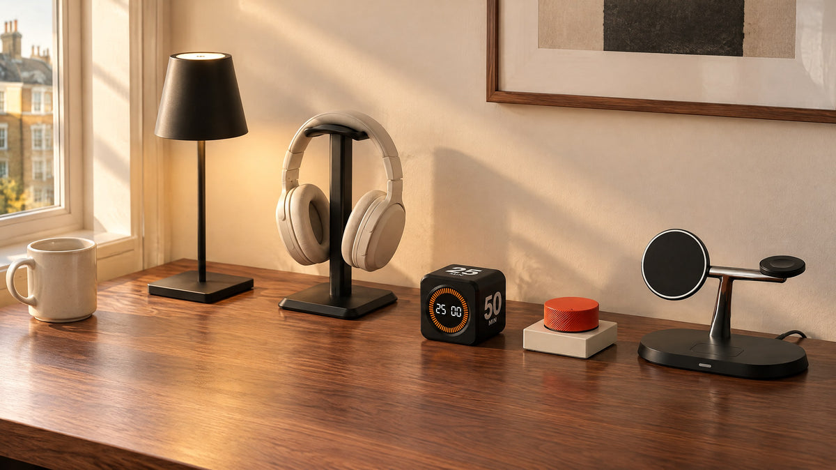 Cordless lamp, headphone stand with headphones, cube focus timer, control knob and 3-in-1 charging stand on a walnut desk