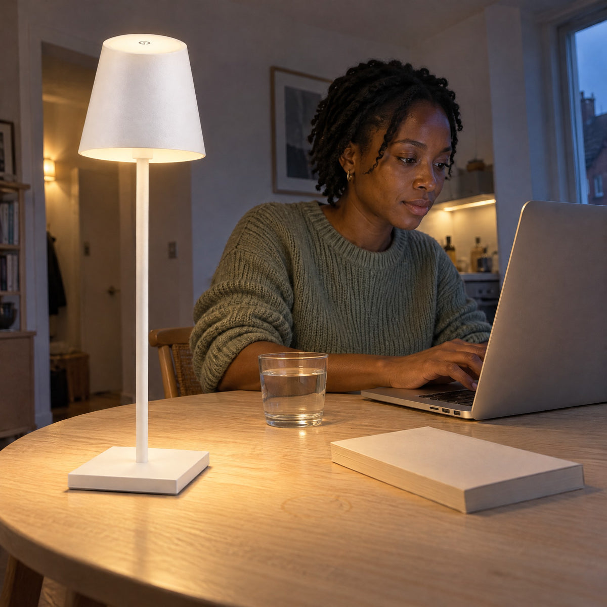 Woman working on a laptop at a round dining table in the evening, the white Vesper cordless lamp switched on beside her with no cable