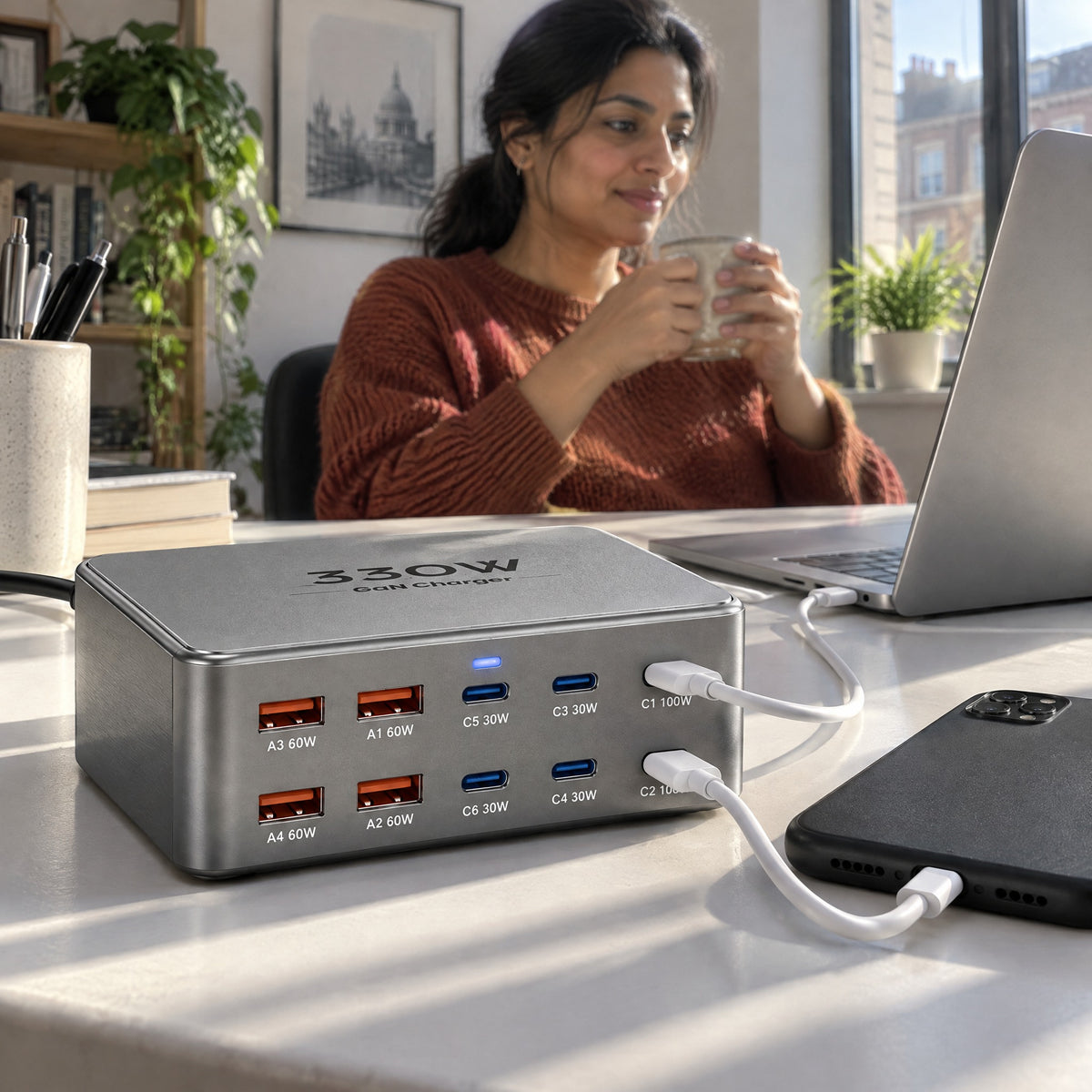 Woman with a mug at a sunlit desk, the Wharf charger in front powering her laptop and phone