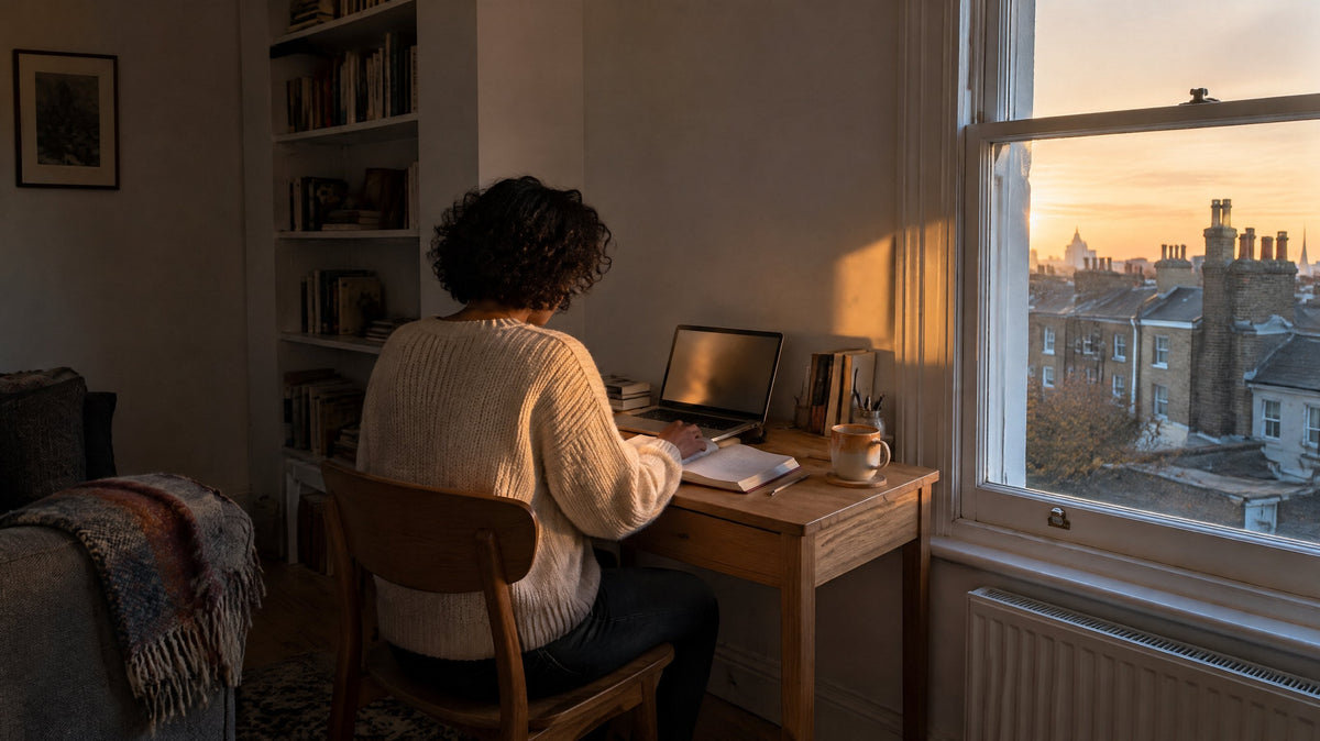 A woman in a cream jumper seen from behind at a small wooden desk beside a sash window, the last low winter sun lying across the wall and her shoulder