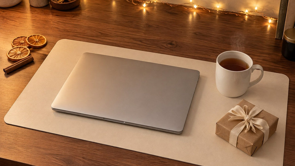 Eggshell desk mat on a walnut desk in the evening, with a closed laptop, a mug of tea, a small wrapped present and fairy lights