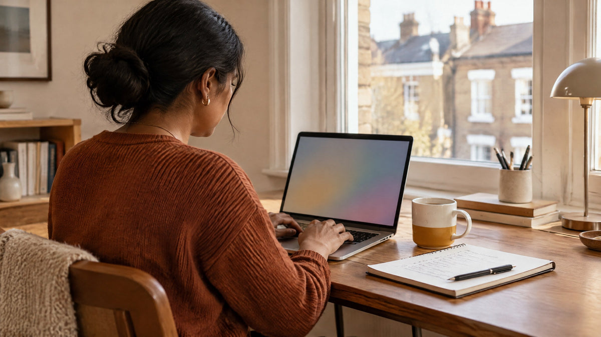 A person seen from behind working at a laptop on a tidy desk with a notebook beside it