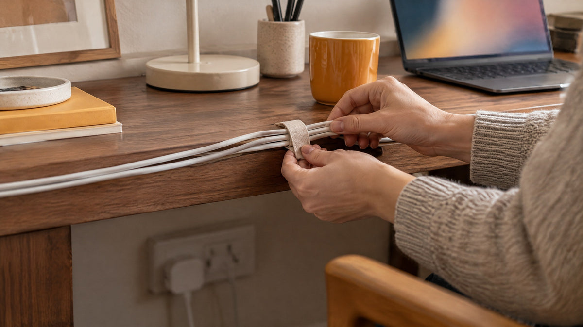 Hands bundling white charging cables along the back edge of a wooden desk