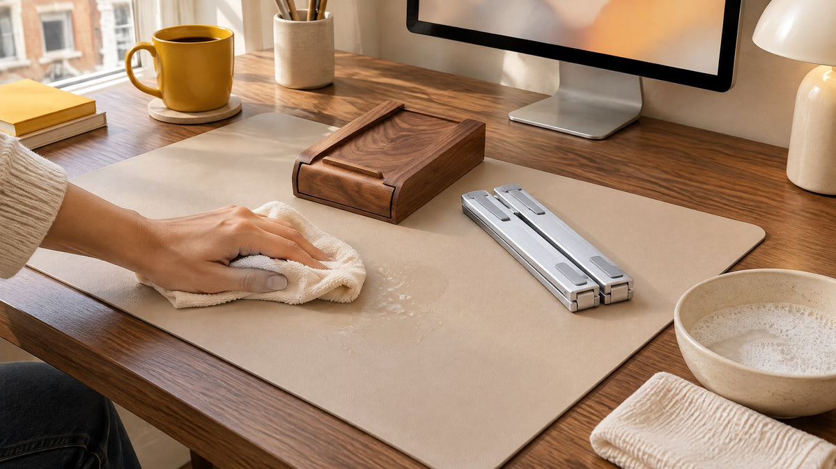 A soft cloth wiping a faux leather desk mat next to a walnut box and an aluminium stand