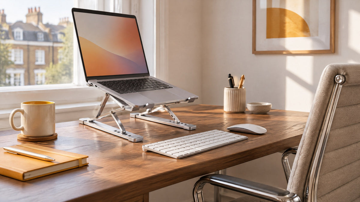 A laptop raised on a stand at eye level with a separate keyboard and mouse on a desk mat