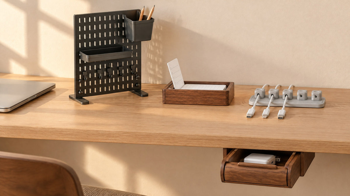 Desk pegboard, walnut daily list holder, magnetic cable holder with three cables and a walnut drawer under the desk