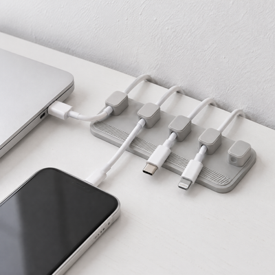 Grey magnetic cable holder at the back of a white desk, holding white charging cables