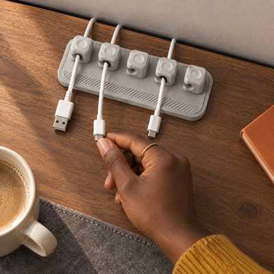 Hand drawing a charging cable out of a clip on the grey magnetic cable holder, on a walnut desk