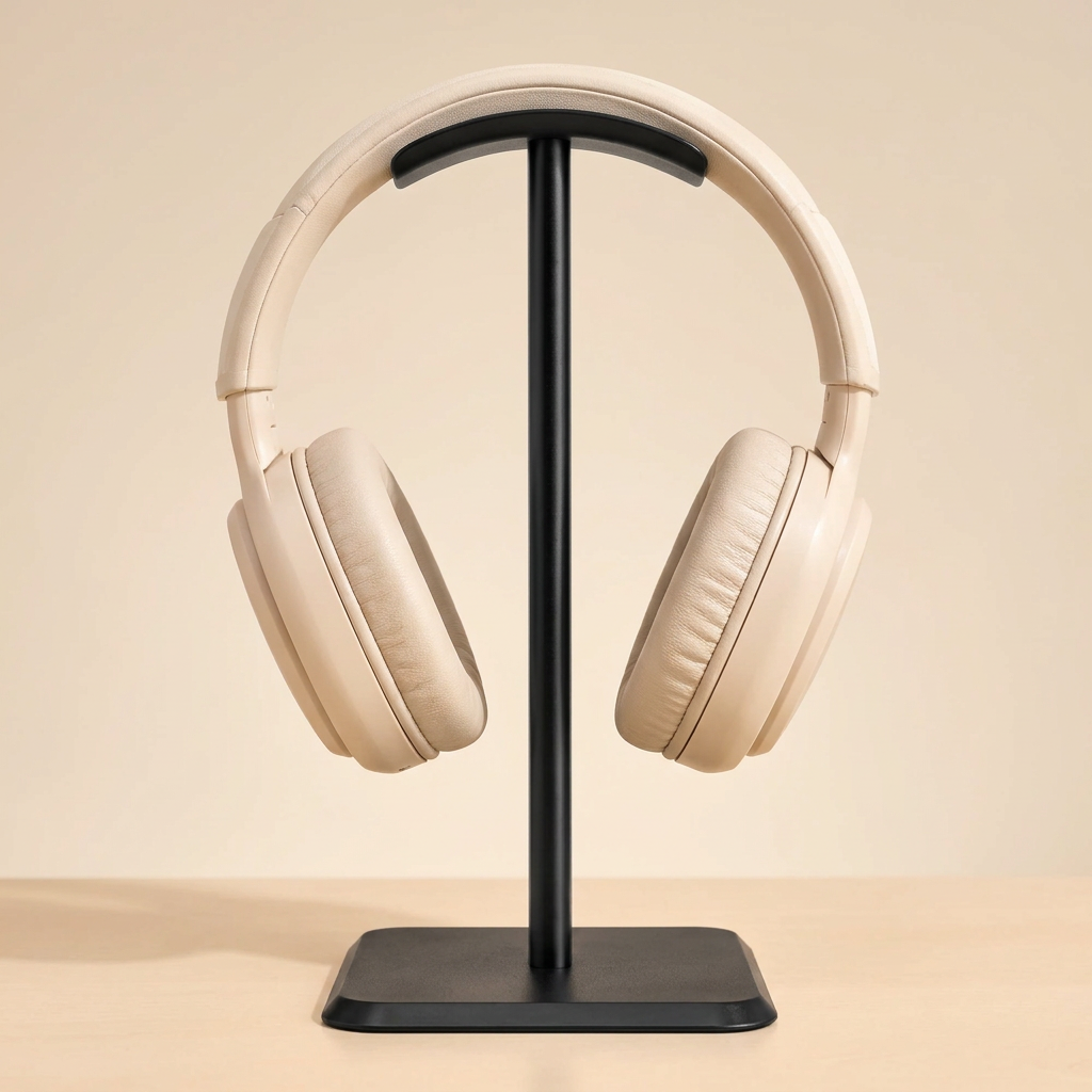 Man lifting headphones off a black aluminium headphone stand