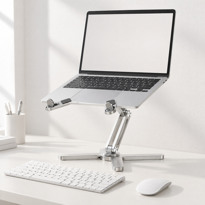 Silver AeroSpin 360 laptop stand raising a laptop on a white desk, beside a white keyboard and mouse