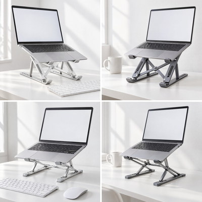The four options: Standard and Tall laptop stands, each in silver and grey, holding a laptop on a white desk